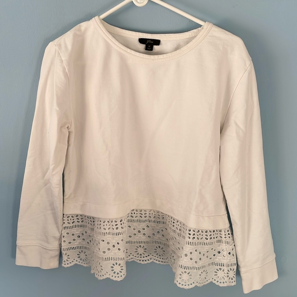 J. Crew White Crew Neck Sweater with Eyelet Detail Hem
